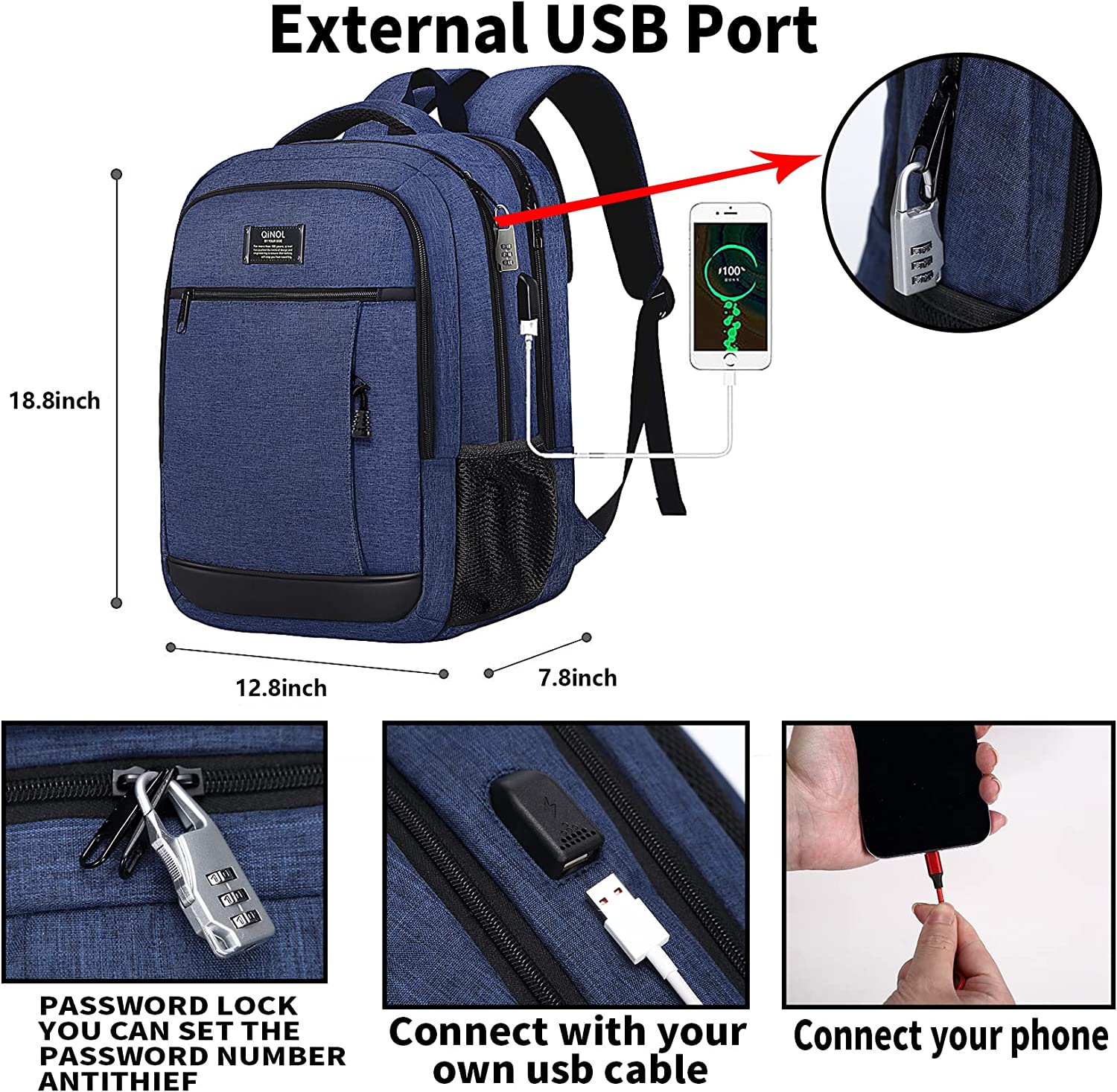 QINOL Travel Laptop Backpack Anti-Theft Work Bookbags With Usb Charging Port, Water Resistant 15.6 Inch College Computer Bag for Men Women, Black - Image 2